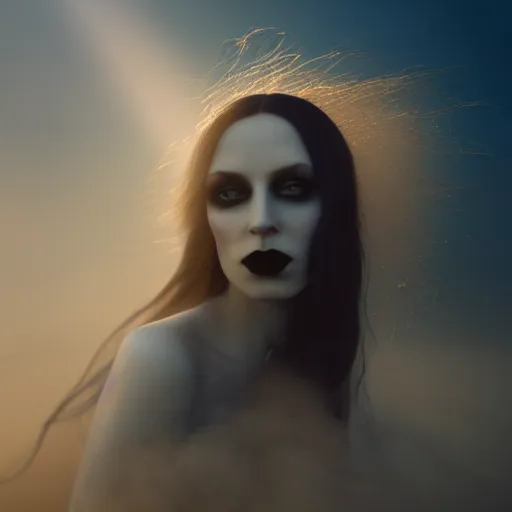 Image similar to photographic portrait of a stunningly beautiful goth renaissance female in soft dreamy light at sunset, smoke fog dust, god rays contemporary fashion shoot, by edward robert hughes, annie leibovitz and steve mccurry, david lazar, jimmy nelsson, breathtaking, 8 k resolution, extremely detailed, beautiful, establishing shot, artistic, hyperrealistic, beautiful face, octane render