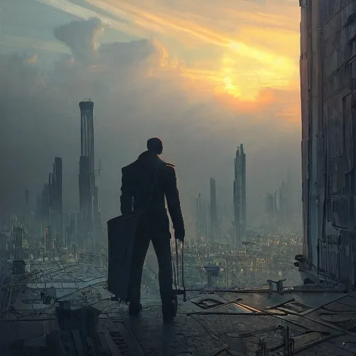 Image similar to wanderer with night vision goggles, dramatic light, sunset, sunrays, flying cars, cyberpunk city in the background, ruins, buildings, dystoptian, gorgeous view, depth, painted by Caspar David Friedrich, gateway, clouds, tending on artstation