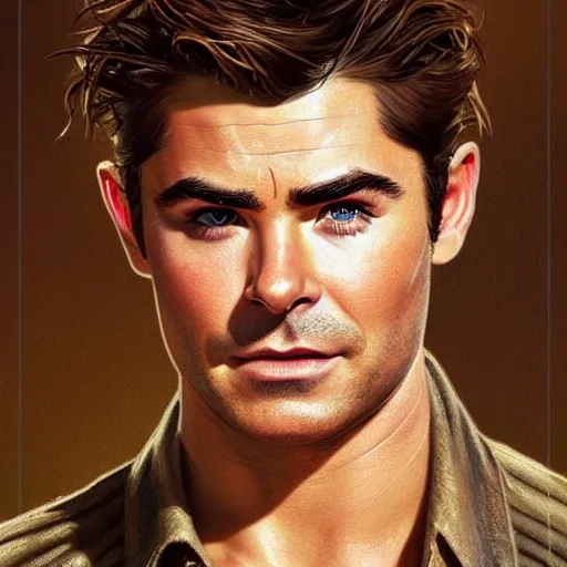 Image similar to A combination of Zac Efron's and Orlando Bloom's and Chris Pine's faces as Nathan Drake, western, D&D, fantasy, intricate, elegant, highly detailed, digital painting, artstation, concept art, matte, sharp focus, illustration, art by Artgerm and Greg Rutkowski and Alphonse Mucha