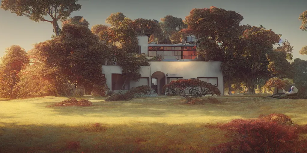 Prompt: a beautiful surreal house in a serene landscape, by jean delville, by edmund dulac, by jean giraud, by ellen jewett, landscape photography composition, vivid colors, octane render, redshift render