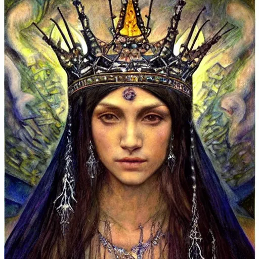 Prompt: the crystal crown, by Luis Royo Annie Swynnerton and Nicholas Roerich and Diego Rivera, tattooed bioluminescent skin, elaborate costume, geometric ornament, symbolist, rich color, dramatic cinematic lighting, smooth, sharp focus, extremely detailed