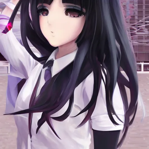 Image similar to luxury advertisement, astonishing portrait of a very beautiful anime schoolgirl with black bob hair in style of cytus and deemo, full perfect face, she is dancing, set in Half-life. Realistic, highly detailed background, artstation, 120 degree view, drawn by Sasoura, Satchely and Akihiko Yoshida, no distortion