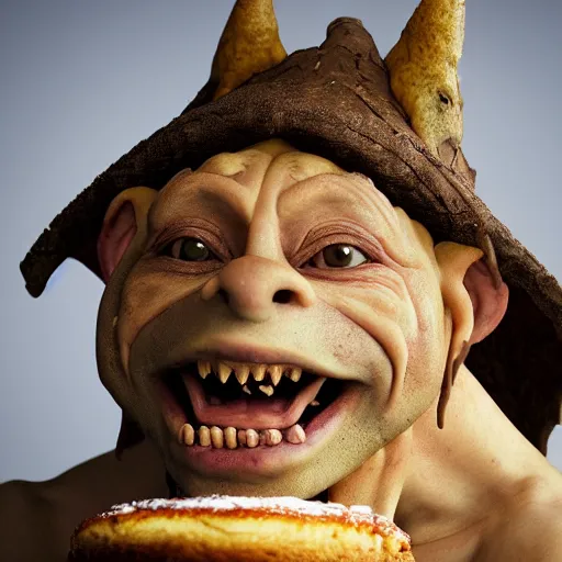 Image similar to closeup portrait of a medieval goblin eating cakes, depth of field, zeiss lens, detailed, symmetrical, centered, fashion photoshoot, by annie leibovitz and steve mccurry, david lazar, jimmy nelsson, breathtaking, 8 k resolution, extremely detailed, beautiful, establishing shot, artistic, hyperrealistic, beautiful face, octane render