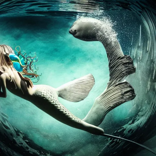 Prompt: photo of a mermaid swimming past a futuristic underwater city