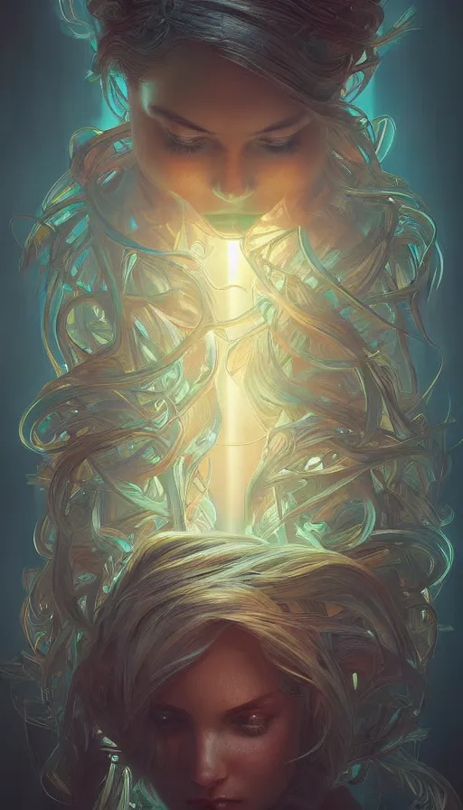 Image similar to hug, neon, fibonacci, sweat drops, insane, intricate, highly detailed, digital painting, artstation, concept art, smooth, sharp focus, illustration, Unreal Engine 5, 8K, art by artgerm and greg rutkowski and alphonse mucha