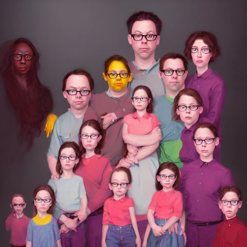 Prompt: bright realistic todd solondz family photo, diffuse lighting, fantasy, intricate, elegant, highly detailed, lifelike, photorealistic, digital painting, artstation, illustration, concept art, smooth, sharp focus, art by francis bacon