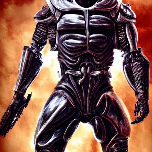 Prompt: a muscular, athletic cyborg assassin in skin - tight futuristic armor, skull face, berserk, metal claws, futuristic gun, leaping, attacking