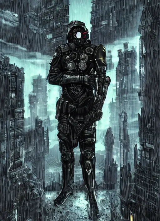 Image similar to An epic fantasy comic book style portrait painting of A genetically engineered super soldier, wearing black jagged armor and a metal gas mask, with sci fi futuristic lights and cybernetics. He is posing at the edge of a gothic building in a cyberpunk imperial russian city with white hot flames in his clawed leather gloved hands. It's a rainy night. Pale white male long curly blond hair. Unreal 5, DAZ, hyperrealistic, octane render, cosplay, RPG portrait, dynamic lighting