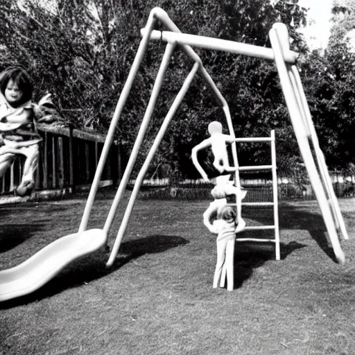 Image similar to 1 9 7 0 s black and white horror picture of a playground with children playing, but with a creepy figure in the background