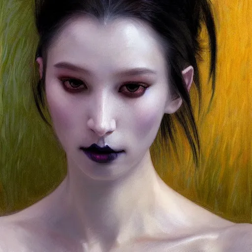 Image similar to yanjun cheng portrait of a beautiful dark fae woman, with black lips, gray mottled skin, black feathers instead of hair, feathers growing out of skin, modestly clothed, intricate, detailed, symmetric face, by wlop and karol bak and bouguereau and viktoria gavrilenko