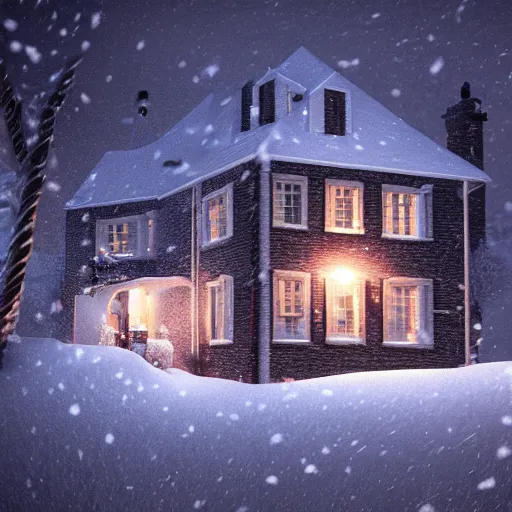 Image similar to snowy dark night, lights, swedish houses, realistic, cinematic, raytracing, intense detail, artstation