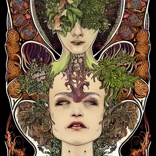 Image similar to a beautiful detailed front view portrait of a rotten woman corpse with fractal plants and fractal flowers and mushrooms growing around, symmetrical, ornate, ornamentation, illustration, in the style of art nouveau, mucha