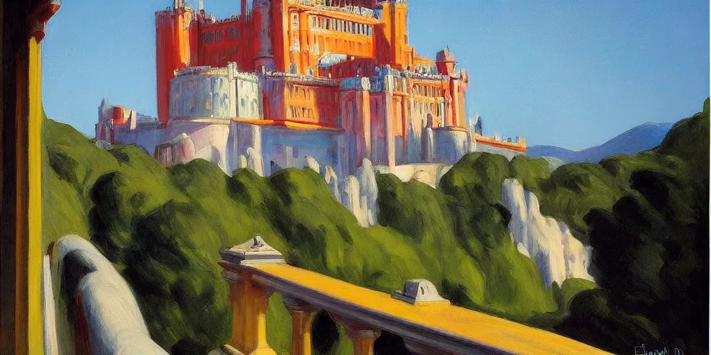 Image similar to street art. paralyzed by the indescribable beauty of the cosmos. amazing view of the palacio da pena. art style by edward hopper daring, incredible