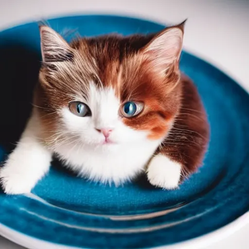 Prompt: very very very very very very very cute chibi adorable beautiful munchkin cat on a plate in a fancy restaurant, professional foot photography