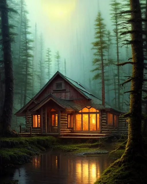 Prompt: a hyper - detailed 3 d render like an oil painting of cabin in the woods floating inside our own consciousness!!!!! surreal concept art, lifelike, photorealistic, digital painting, aesthetic, smooth, sharp focus, artstation hd, by greg rutkowski, bruce pennington, valentina remenar, rhads, asher duran,