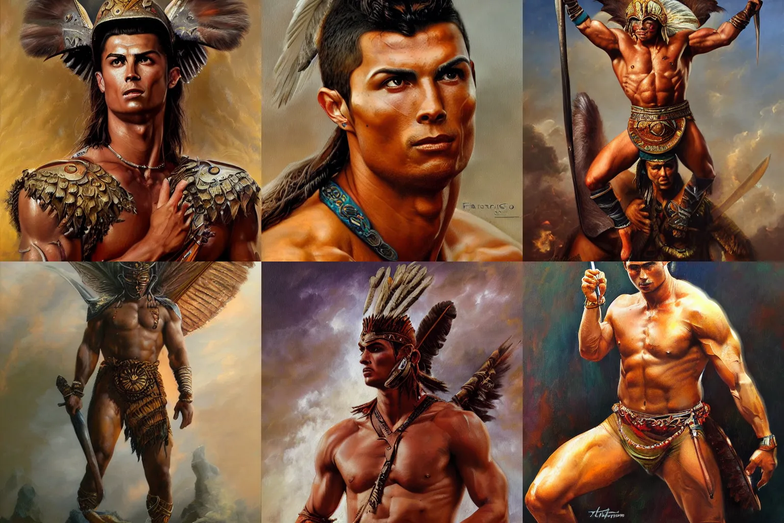 Image similar to Beautiful oil painting depicting Cristiano Ronaldo Indian warrior Lucas Graziano, Frank Frazetta, Greg Rutkovsky, Boris Vallejo, epic fantasy portrayal of characters, exquisite details, post-processing, low angle, masterpiece, cinematic