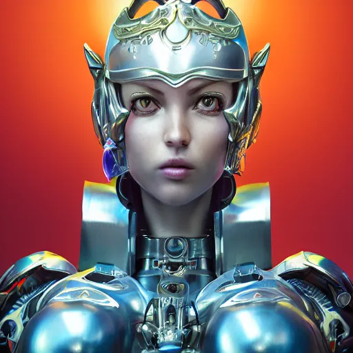 Image similar to studio portrait of lawful good colorful female holy mecha paladin absurdly beautiful, elegant, young sensual graceful woman, ultrafine hyperrealistic detailed face illustration by kim jung gi, irakli nadar, intricate linework, sharp focus, bright colors, matte, octopath traveler, final fantasy, unreal engine highly rendered, global illumination, radiant light, intricate environment