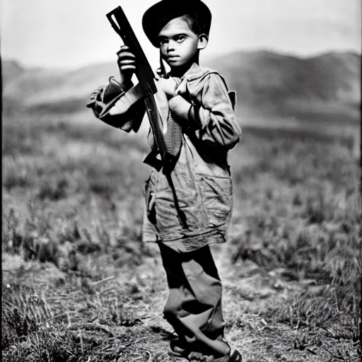 Image similar to a portrait of a young boy carrying a AK-47 rifle by Ansel Adams