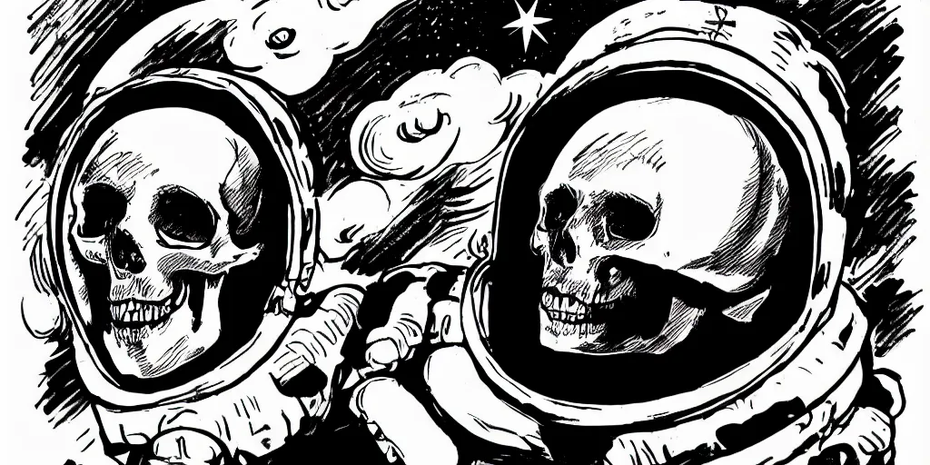 Prompt: ink portrait of a skull wearing a space helmet, chinese brush pen illustration, scifi, big clouds visible in the background, stars in the sky, high contrast, deep black tones