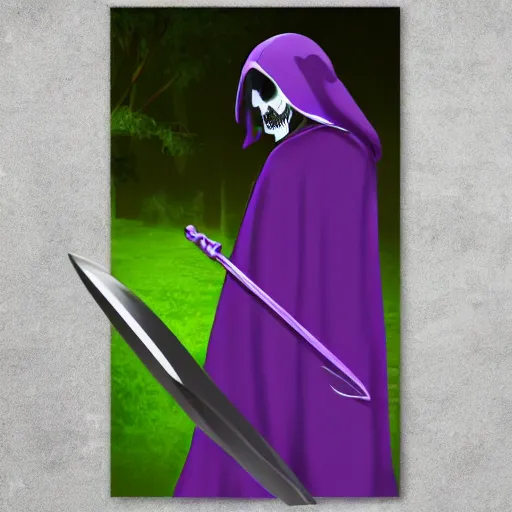 Image similar to grim reaper, purple cloak, full body, scythe