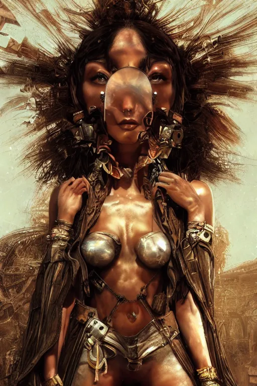 Image similar to a centered photo of a post apocalyptic supermodel goddess at burning man festival playa, powerful, cinematic, beautifully lit, by artgerm, by karol bak, 3 d, perfect face and body, trending on artstation, octane render, 8 k