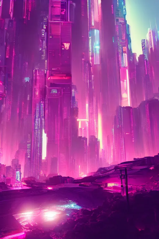 Image similar to cyberpunk syntwave mountains, pink neon lights, futuristic, cgsociety, in the style of artstation