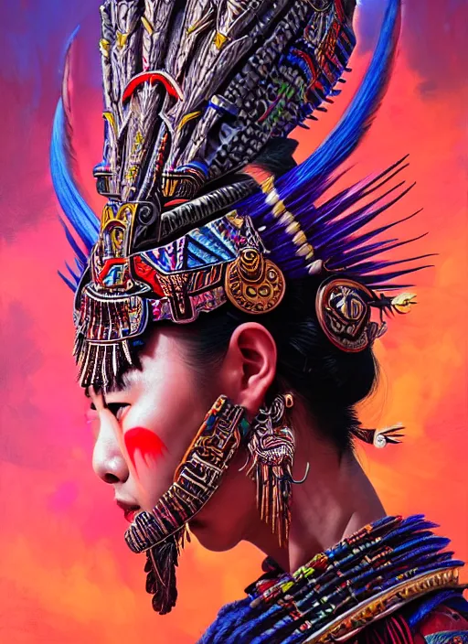 Image similar to portrait of liu yifei, hyper detailed ultra sharp aztec shaman warrior. trending on artstation, warpaint aesthetic, bloodwave, colorful, psychedelic, ornate, intricate, digital painting, concept art, smooth, sharp focus, illustration, art by artgerm and greg rutkowski and h. r. giger, 8 k