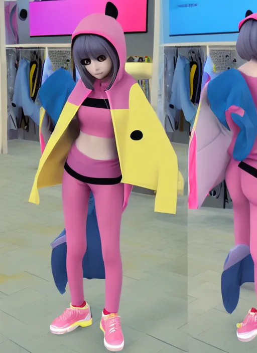 Image similar to vrchat, secondlife, imvu, 3 d model of a girl in a pikachu hoodie, cutely designed clothing, hq render, detailed textures, artstationhd, booth. pm, highly detailed attributes and atmosphere, dim volumetric cinematic lighting, hd, unity unreal engine