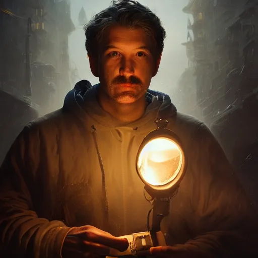Image similar to portait of man with manual pipidastr, atmosphere, glow, detailed, intricate, full of colour, cinematic lighting, trending on artstation, hyperrealistic, focused, extreme details, cinematic, reg rutkowski, fantasy art, highly detailed, digital painting, smooth, concept art, sharp focus, illustration