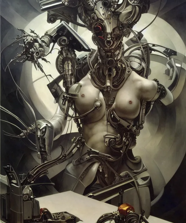 Prompt: photo of futuristic holy futuristic cyborg-robot-painter-artist creating a painting with acrylic paint and brushes in a futuristic artist studio by H.R Giger, William-Adolphe Bouguereau, by Ayami Kojima, Amano, Karol Bak, Greg Hildebrandt, and Mark Brooks, Neo-Gothic, gothic, rich deep colors. masterpiece, intricate artwork by Tooth Wu and wlop and beeple, greg rutkowski. still from a 2021 movie by Terrence Malick, Tarkovsky, Gaspar Noe, James Cameron,