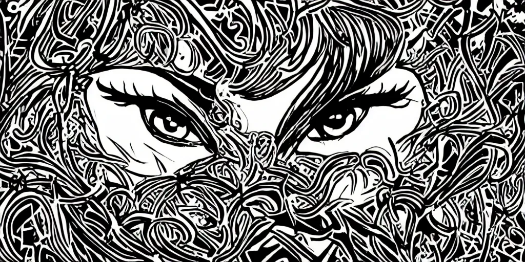 Prompt: aesthetic eyes, only eye, heavy goth makeup, punk, alluring, very bold black lines, traditional art nouveau border, large graffiti on a wall