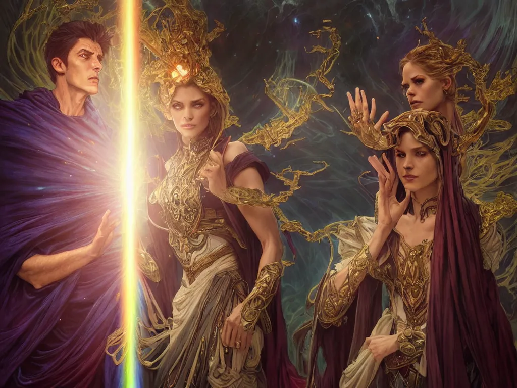 Image similar to painting of powerful stylish sorcerer and a cleric banishing the darkness and its abominations with a rainbow spell, ultra realistic, concept art, intricate details, eerie, highly detailed, photorealistic, octane render, 8 k, unreal engine. art by artgerm and greg rutkowski and magali villeneuve and alphonse mucha