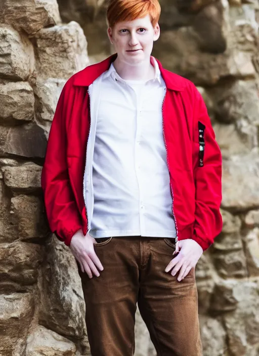 Image similar to portrait photo still of real life philip j fry wearing a red jacket and white shirt, 8 k, 8 5 mm, f. 1 4