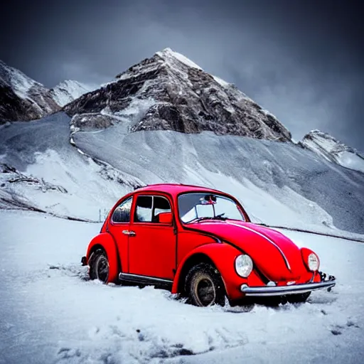 Prompt: extreme long shot of a snowy red 1970 vw beetle standing on mount everest, award winning photo, snow, high detail, desolate, atmospheric, 8k