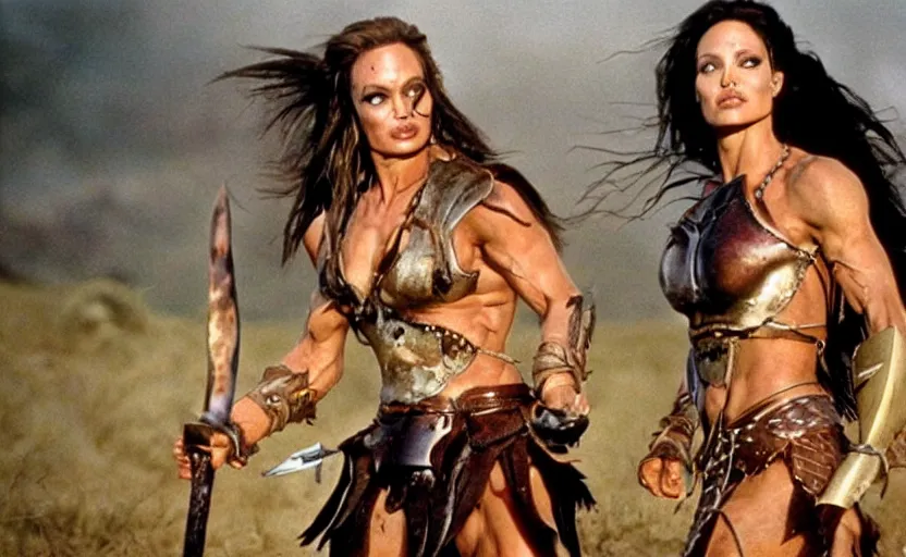 Prompt: epic photo of muscular angelina jolie as beautiful barbarian warrior princess with long curly black hair blowing in the wind in a battle scene, sweaty, detailed eyes, neutral expression, shallow depth of field, photorealistic, cinematic lighting, lovely bokeh, warm colours, dusk, movie quality, conan the destroyer 1 9 8 5, movie still