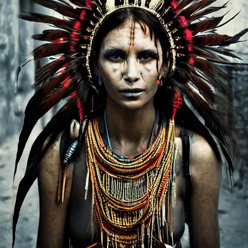 Prompt: portrait of a cyberpunk tribal woman, ornate headdress with cables feathers and bones, gritty realism, movie still,