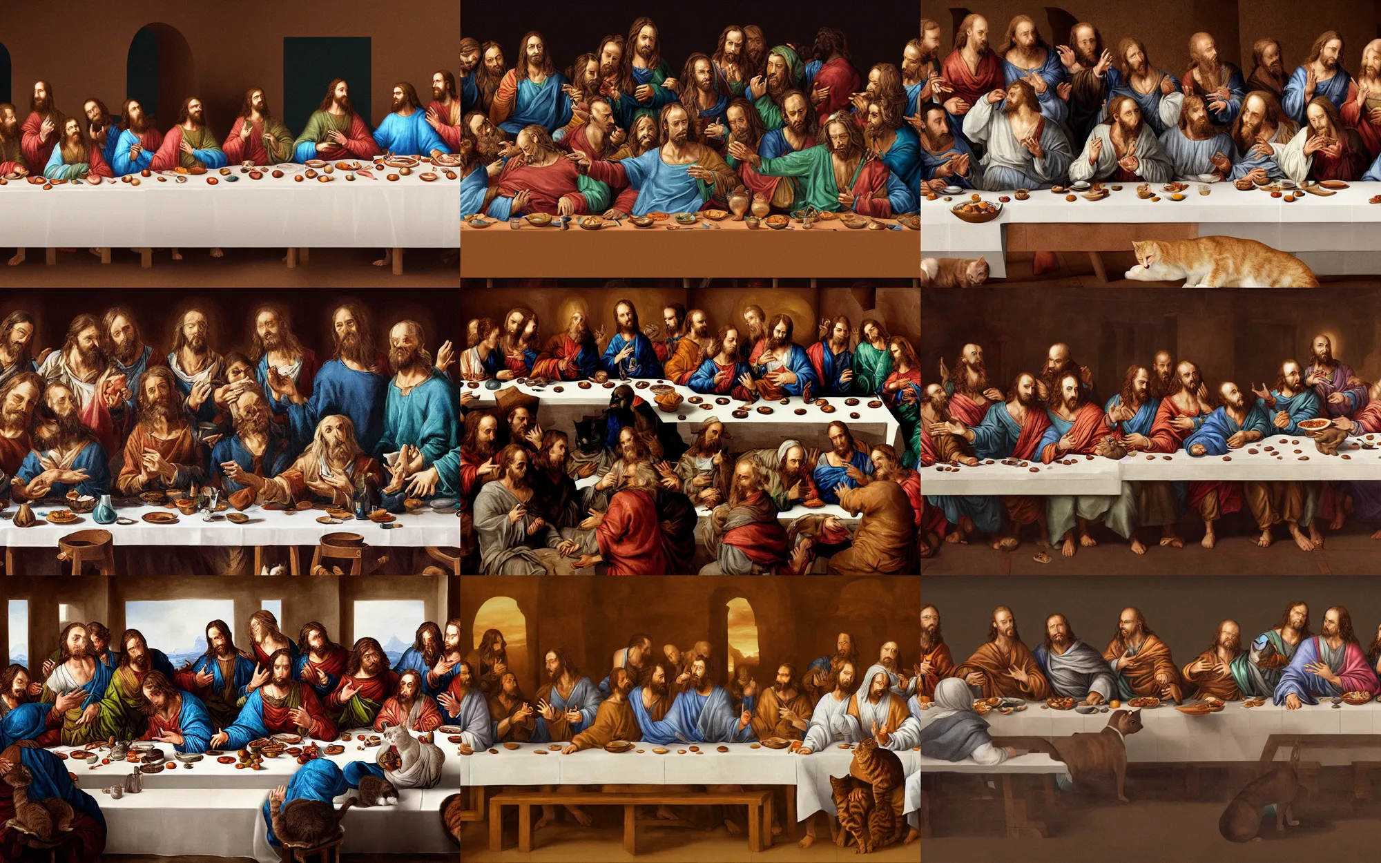 Prompt: the last supper but everyone is a cat, ultra detail, digital painting