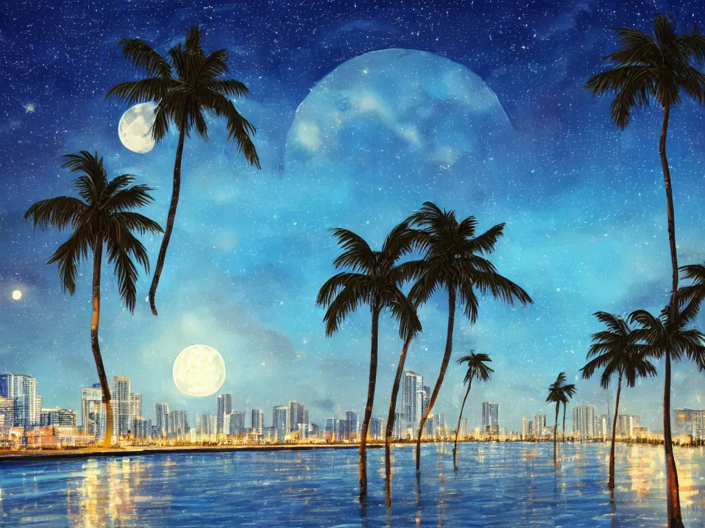 Prompt: night on a summer miami beach, city on the background, palm trees, footprints in the sand, full moon reflected in the calm ocean, starry sky 8 k, ultra detailed, trending on artstation, digital painting