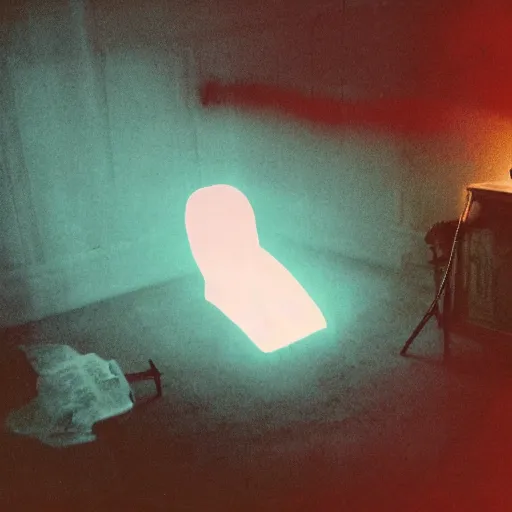 Image similar to coloured atmospheric polaroid photo of a with transparent ghostly banshee corpse body floating in old living room interior flashlight lighting