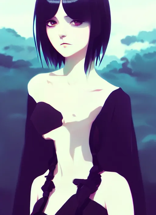 Image similar to portrait of a goth girl by ilya kuvshinov, cloudy sky background lush landscape illustration concept art anime key visual trending pixiv fanbox by greg rutkowski makoto shinkai studio ghibli