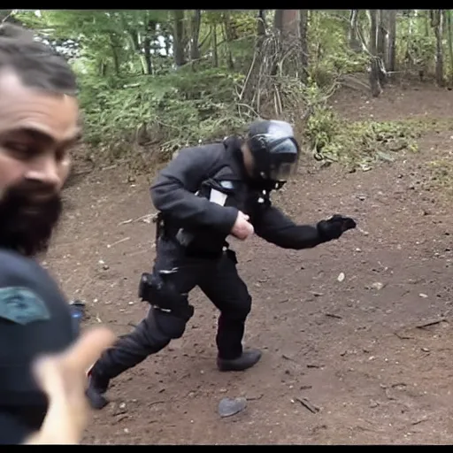 Prompt: police bodycam footage of fleeing caveman