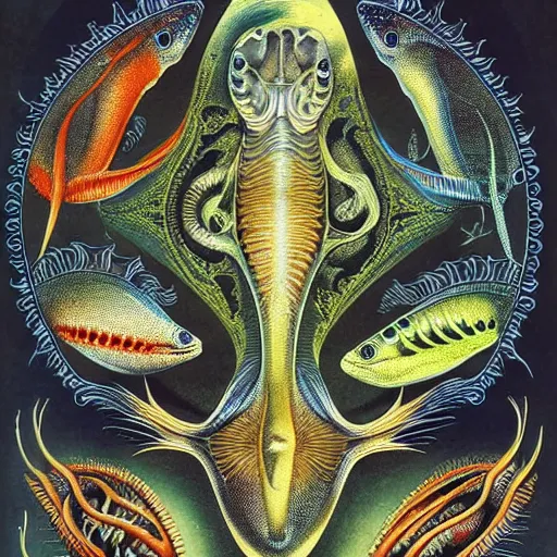 Image similar to alien fish anatomy by ernst haeckel, masterpiece, vivid, very detailed