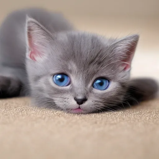 Prompt: gray kitten with totally black eyes stretching on beige carpet
