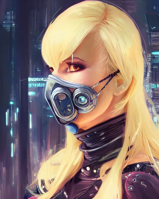 Prompt: blonde female rouge assassin, wearing cyberpunk intricate jumpsuit, mouth respirator, beautiful, detailed portrait, cell shaded, 4 k, vivid colours, concept art, by wlop, ilya kuvshinov, artgerm, krenz cushart, greg rutkowski, pixiv. cinematic dramatic atmosphere, sharp focus, volumetric lighting, cinematic lighting, studio quality