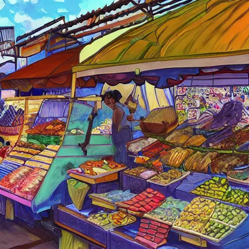 Prompt: prosperous markets in salvador bahia Brazil artwork by Studio Ghibli