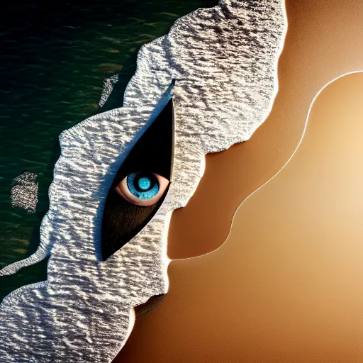 Image similar to blade with an eye lies on the sand, top view, digital art, many details, super realistic, greg rutkowski style, high quality, 8 k