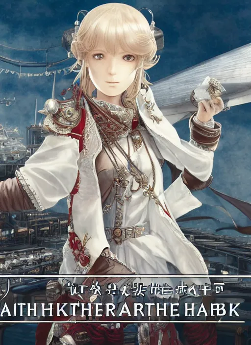 Image similar to character portrait of the white herald on the deck of an imperial airship in the sky, hidari, color page, tankoban, 4K, tone mapping, Akihiko Yoshida.