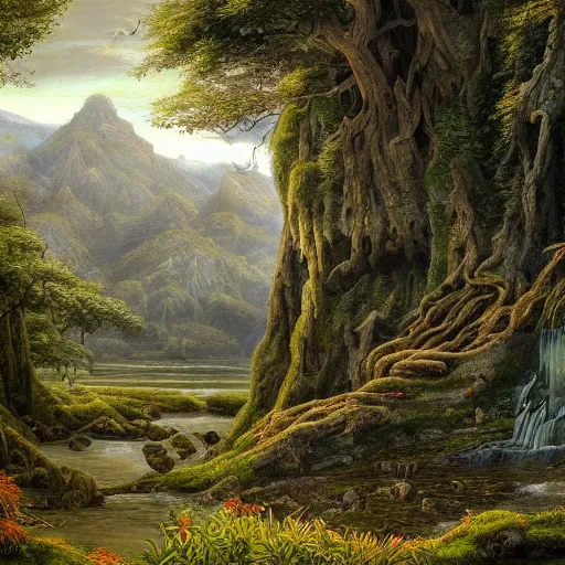 Prompt: a beautiful and highly detailed oil painting of a lost temple in the mountains, detailed trees and grass, rivers and waterfalls, swirling mist, intricate details, epic scale, insanely complex, 8 k, sharp focus, hyper realism, fantasy landscape, psychedelic, by caspar friedrich,