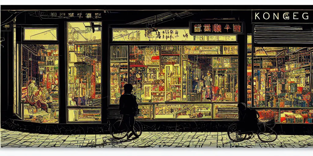 Prompt: a shop window in hong kong, by dan mumford and peter doig and edward hopper, minimal, black in, thick lines highly detailed, dramatic lighting, 8 k