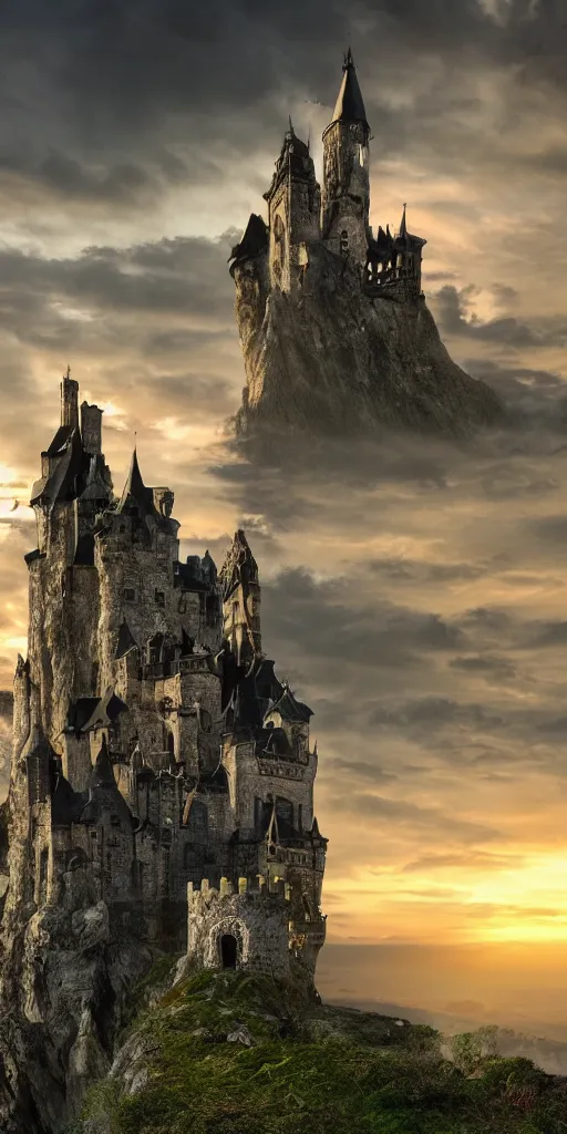 Prompt: A gothic castle on a cliff, sunset, dark fantasy, dark soul, elden ring, 8k-W 1024